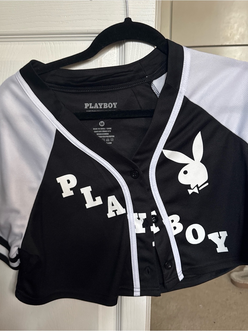 PLAYBOY Black and White Button-Front Crop Top
